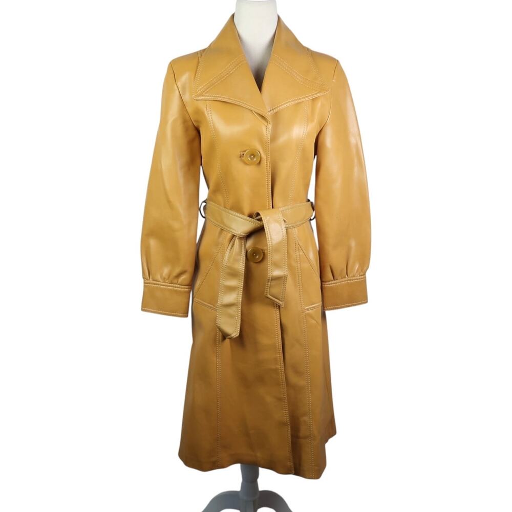 Vintage 70s Mod-Maid Mustard Yellow Faux Leather Vinyl Trench Coat Belted 8